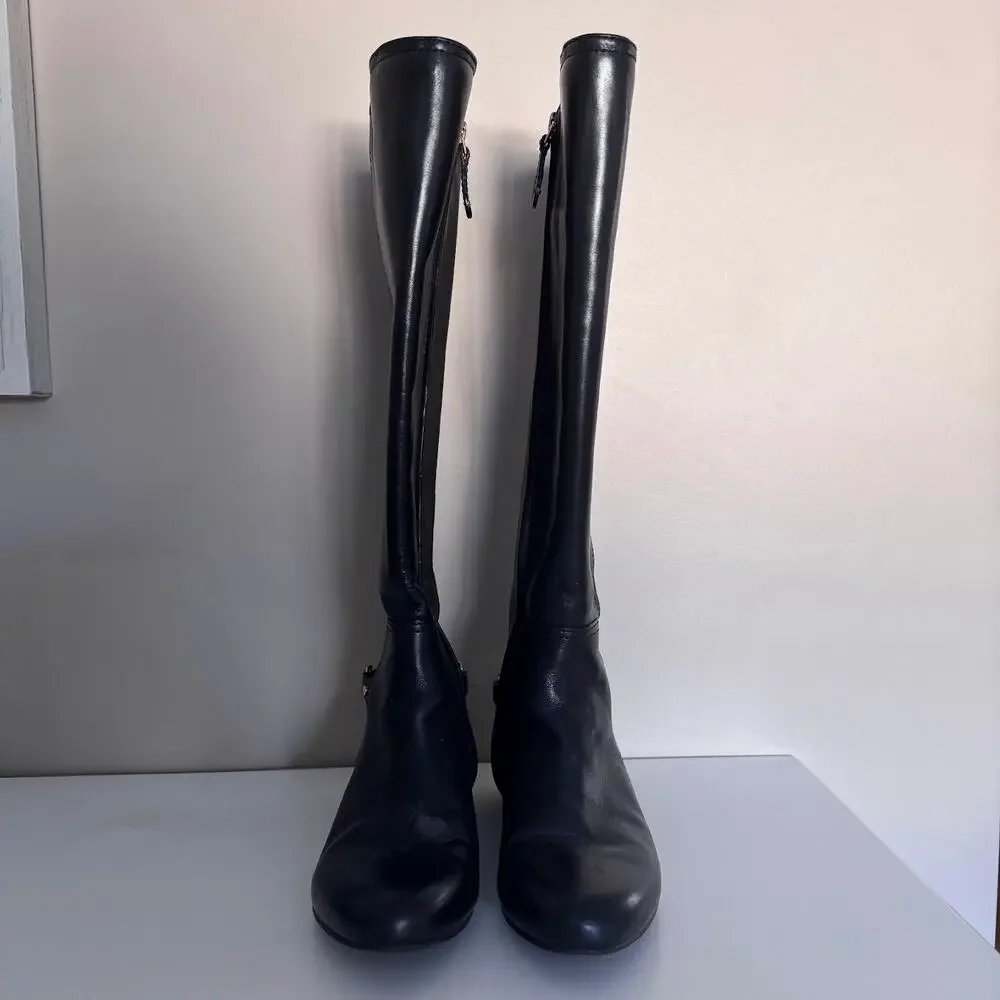 Tory Burch Tall Black Leather Riding Boots Horsebit Heel Logo Hardware Size 5